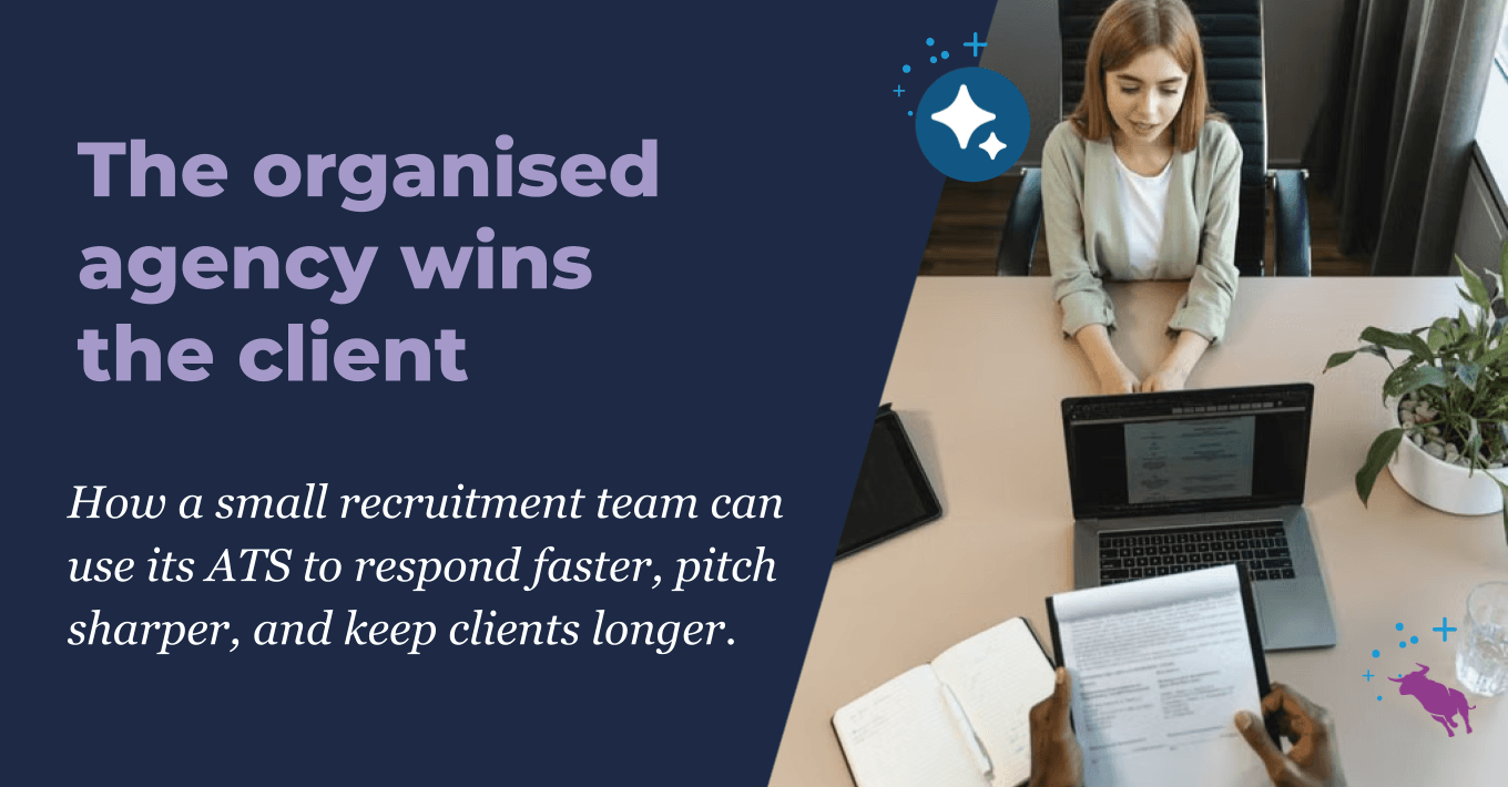 Text reading "The organised agency wins the client" next to a woman sitting at a table with a laptop and clipboard, addressing what is the best ats for small business.