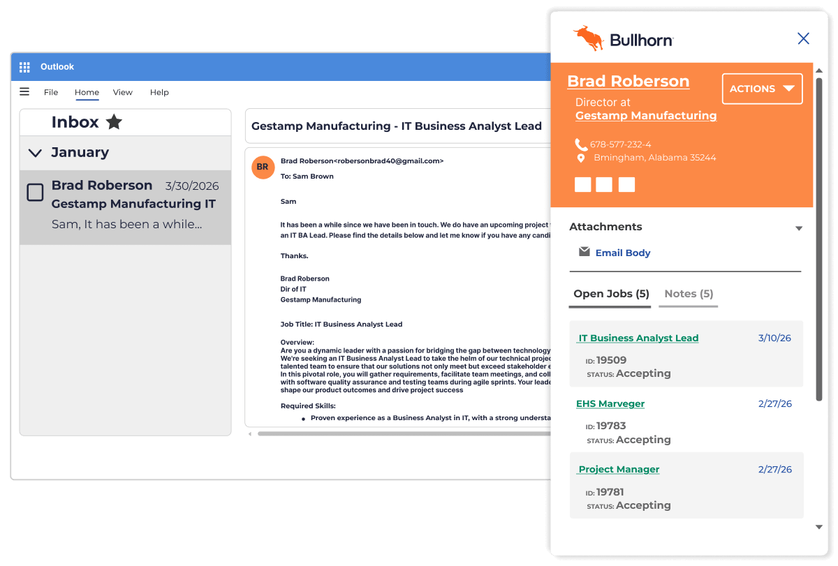 Microsoft Outlook email integration with the best ATS & CRM for staffing displaying client contact details and open job listings in a sidebar.