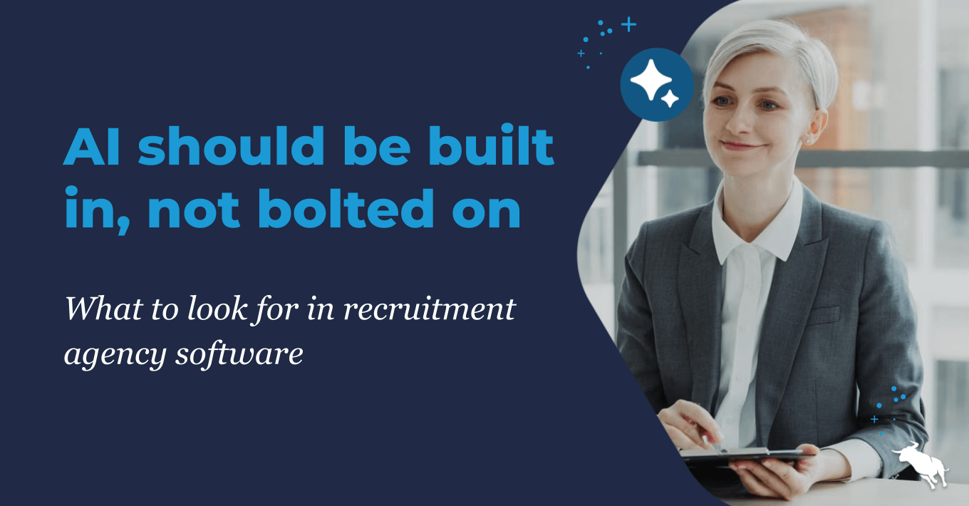 Woman sitting at a desk holding a clipboard next to text reading "AI should be built in, not bolted on" regarding AI recruitment agency software.