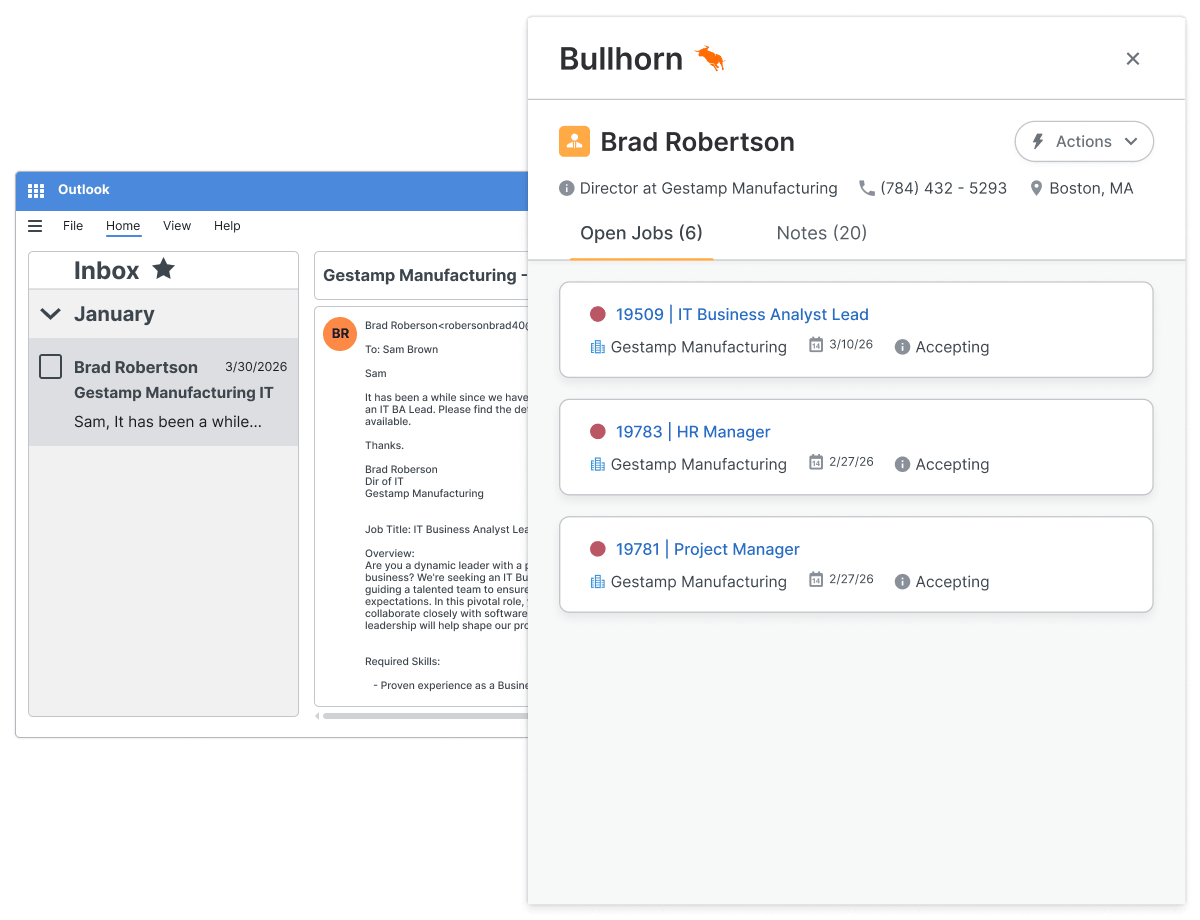 Bullhorn integration panel for the best Applicant tracking and CRM system embedded inside Microsoft Outlook, showing contact information and open job listings next to an email thread.