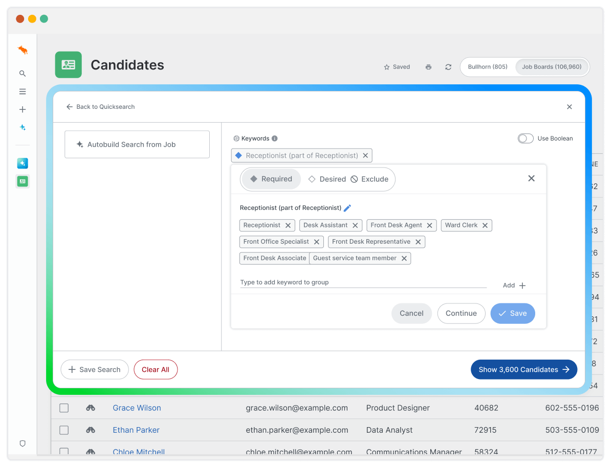Software pop-up window showing keyword grouping and related job titles for AI Candidate Search & Match for staffing agencies.