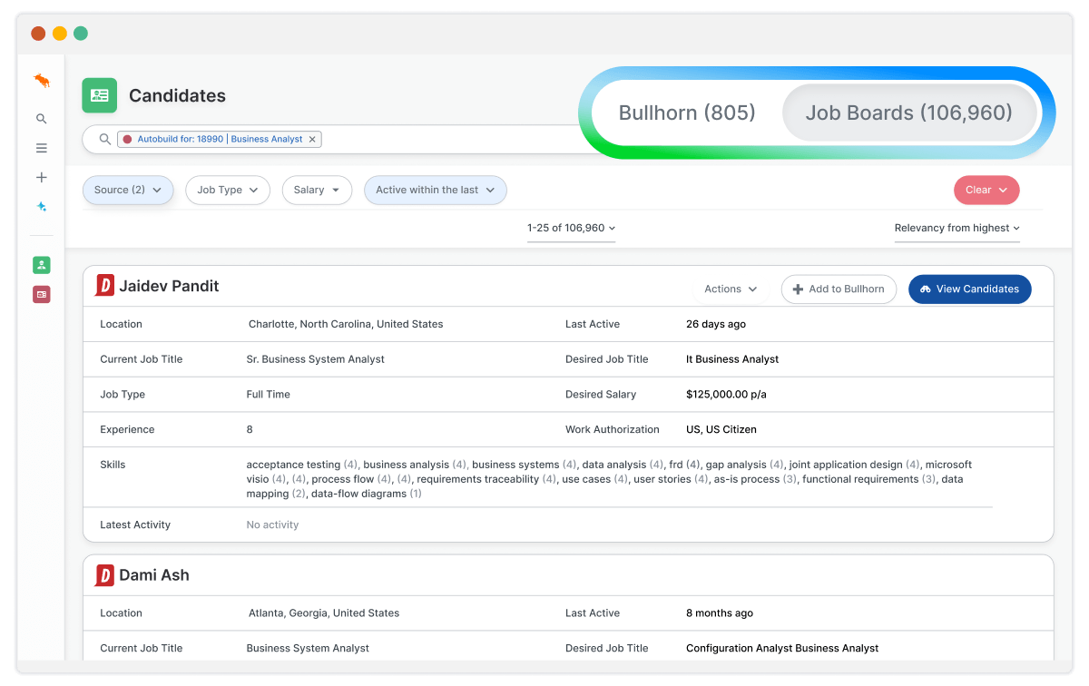 Software screen showing internal database and job board tabs with candidate profile cards for AI Candidate Search & Match for staffing agencies.