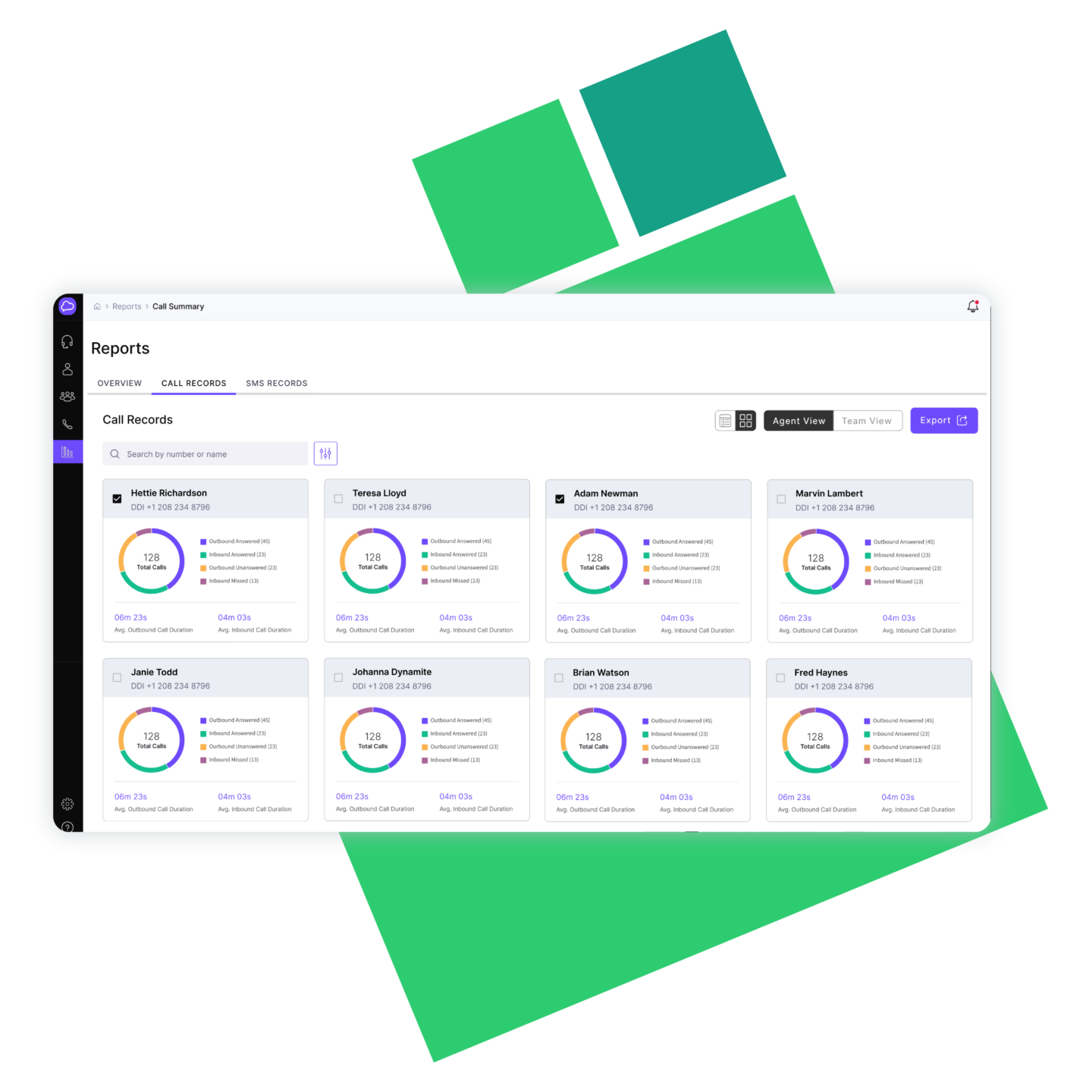 Cloudcall Reporting software dashboard highlighting the Call Records