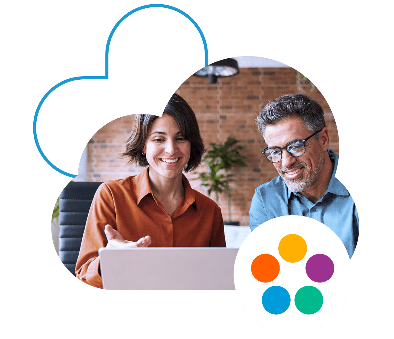 Man and woman in a work environment focusing on a laptop reviewing the content for the Bullhorn Marketplace