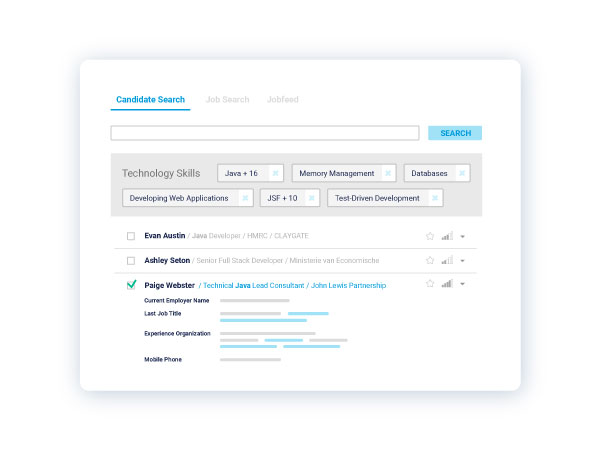Screenshot of candidate search platform