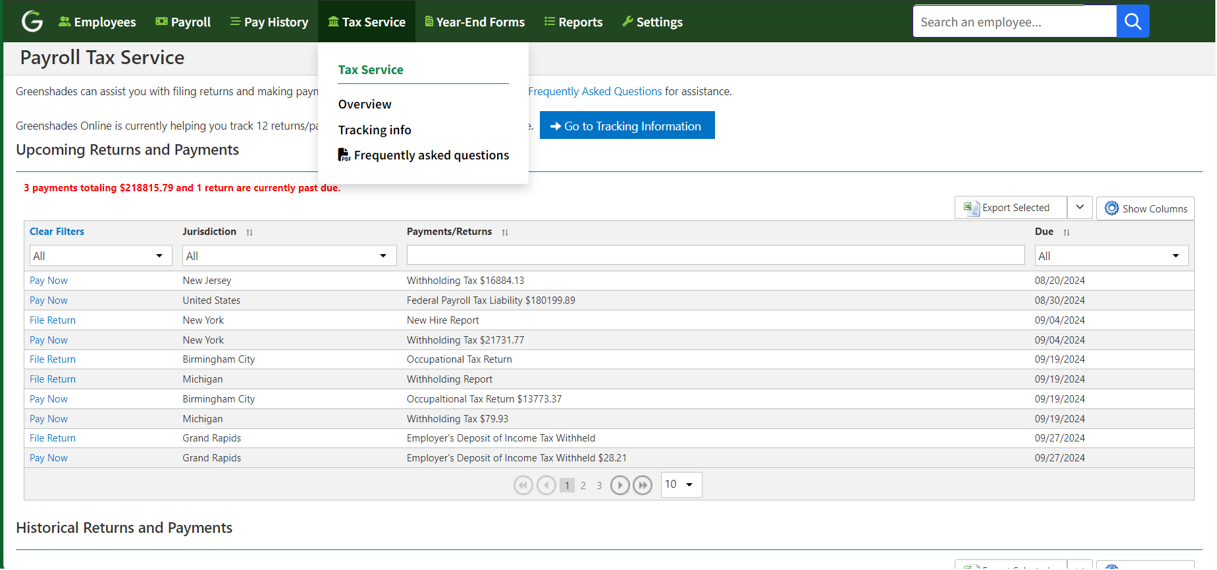 PTS portal with drop down Timely and Accurate Tax Filings