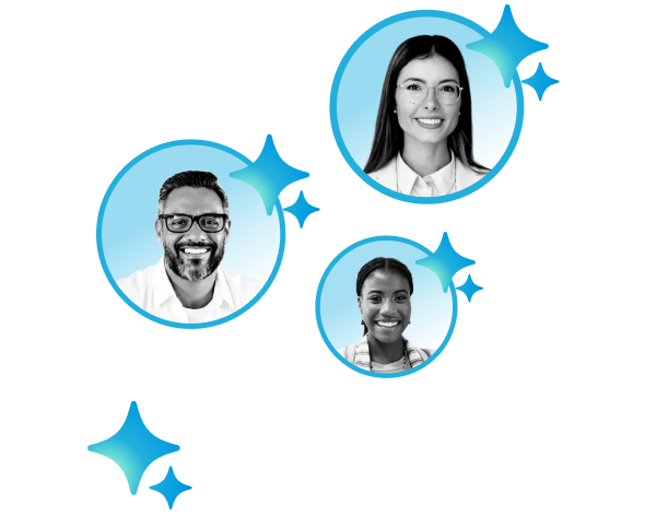 Three smiling professionals in blue circular borders surrounded by gradient star graphics, representing Bullhorn Amplify Digital Workers as more than AI agents for staffing.