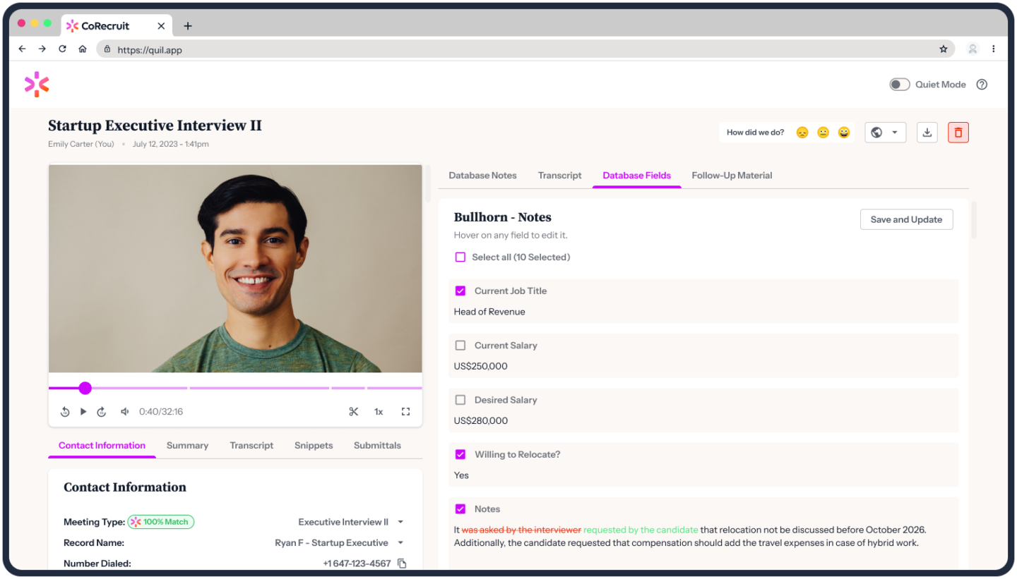 A webpage displaying a video interview titled "Startup Executive Interview II" with a smiling man in a green shirt. The website features tabs for Database Notes, Transcript, and Database Fields. To the right, notes include job title, salary details, and relocation preferences. The video player shows a timestamp, meeting type, and contact info, conveying a professional and organized tone.