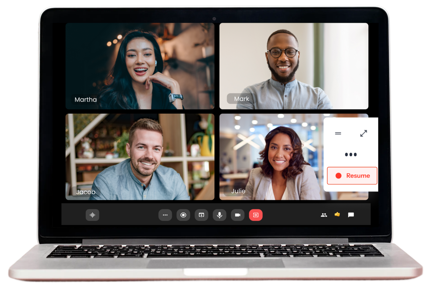 Laptop screen showing a video conference with four participants smiling. A "Resume" button is visible, indicating a paused session.