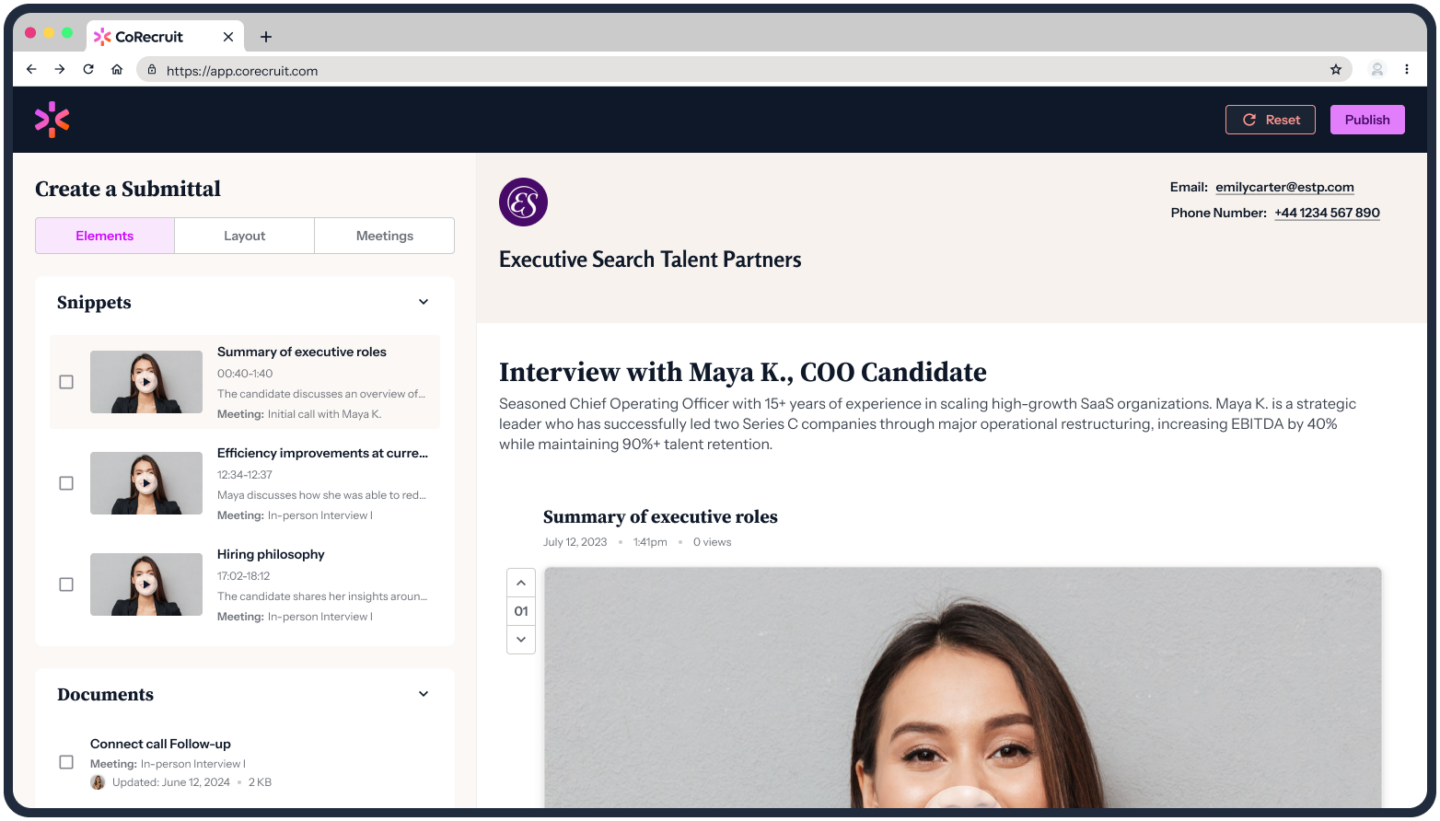 Screenshot of a web page titled "Executive Search Talent Partners." It features an interview with Maya K., a COO candidate. The sidebar lists document snippets.