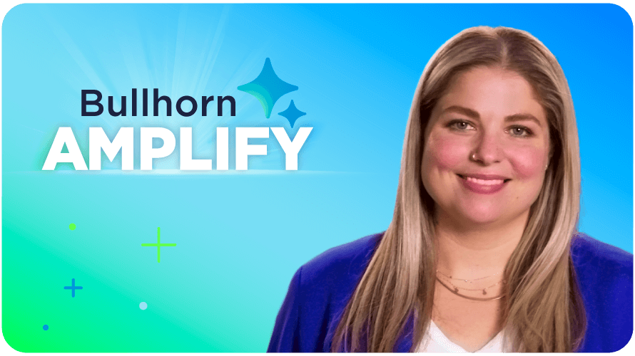 A smiling woman in a blue shirt and jacket with the text "Bullhorn Amplify" overlaid on the image.