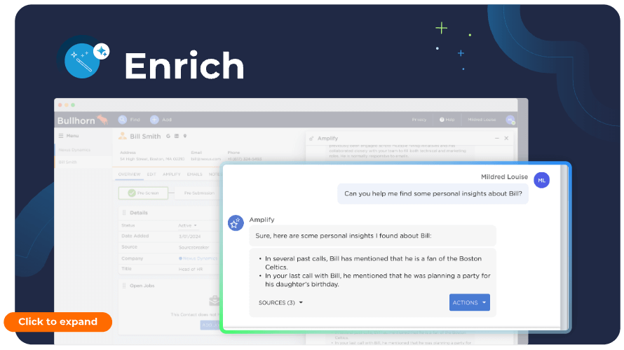 Thumbnail for Bullhorn Amplify video showcasing the AI Enrich feature for enhancing candidate interactions.
