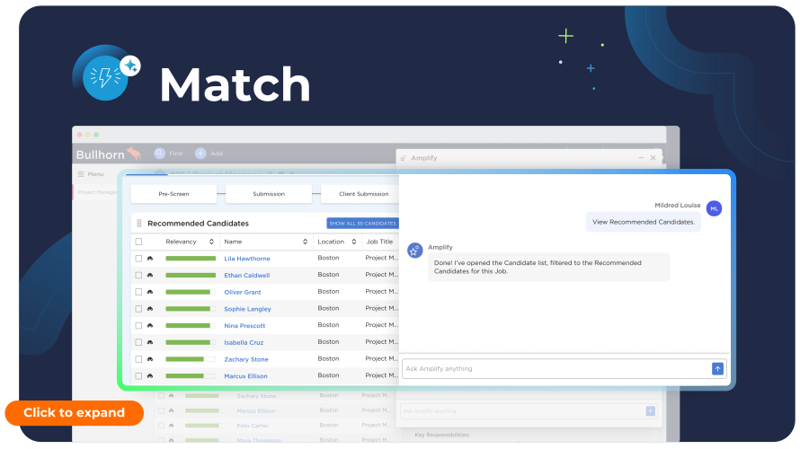 Thumbnail for Bullhorn Amplify video on AI candidate matching software features and benefits.