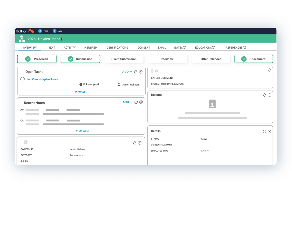 Tablet showing Bullhorn Automation dashboard with various recruitment metrics for staffing agencies.