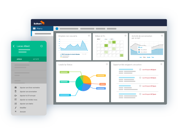 Dashboard interface showcasing Bullhorn ATS/CRM features for staffing agencies, with multiple dashboard views displayed.