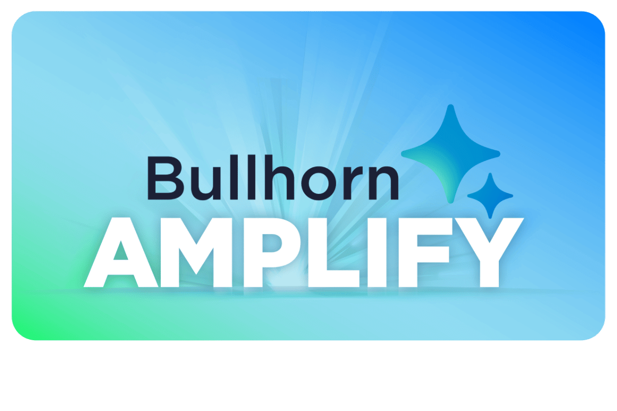 Logo of Bullhorn Amplify on a green and blue gradient. Bullhorn Amplify is an AI recruitment tool tailored for staffing agencies.