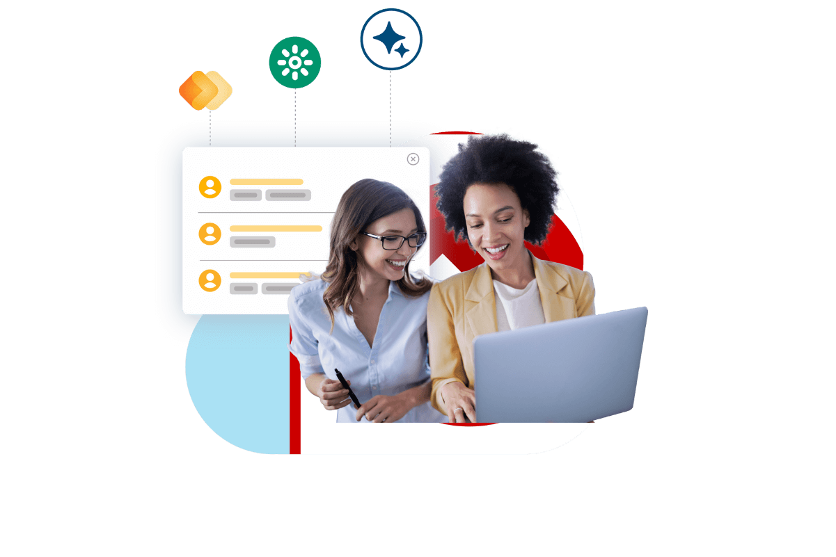 Two women engage with a laptop featuring icons for Bullhorn Platform, a recruitment software designed for staffing agencies.