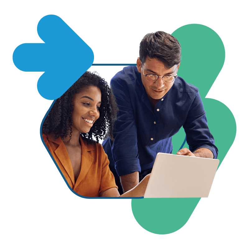 Bullhorn Staffing Software: Two people on a laptop with an illustration from an arrow and lightning bolt, representing a fast quote for staffing software.