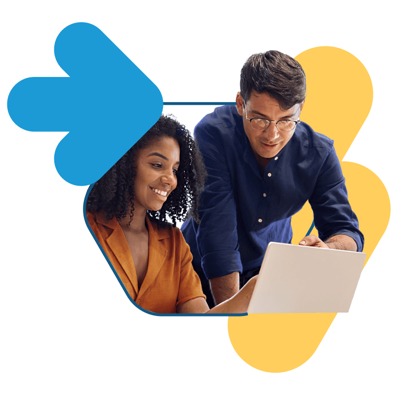 Bullhorn Staffing Software: Two people on a laptop with a lightning bolt, representing a fast recruitment software for small agencies.