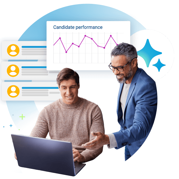 Two men look at a laptop screen with a chart labeled "Candidate performance" and user profile with AI icons in the background, showcasing how top staffing software for small agencies streamlines candidate evaluation.