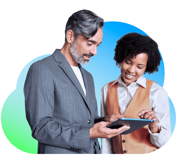 A man and a woman with a tablet in front of a shape of a cloud with a blue and green gradient, representing the ease of use of Bullhorn, the best recruiting CRM software for agencies.