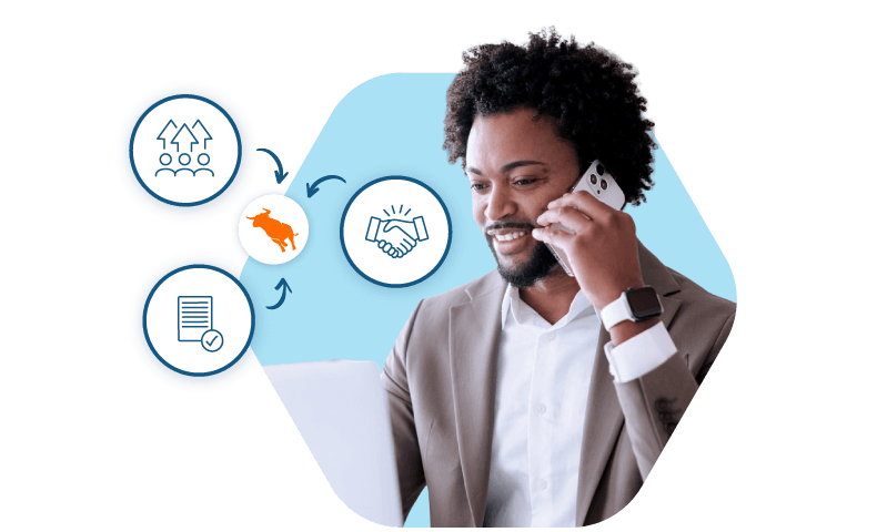 A recruiter using a smartphone and laptop surrounded by icons for candidate sourcing, placements, and contract management in staffing agency software.