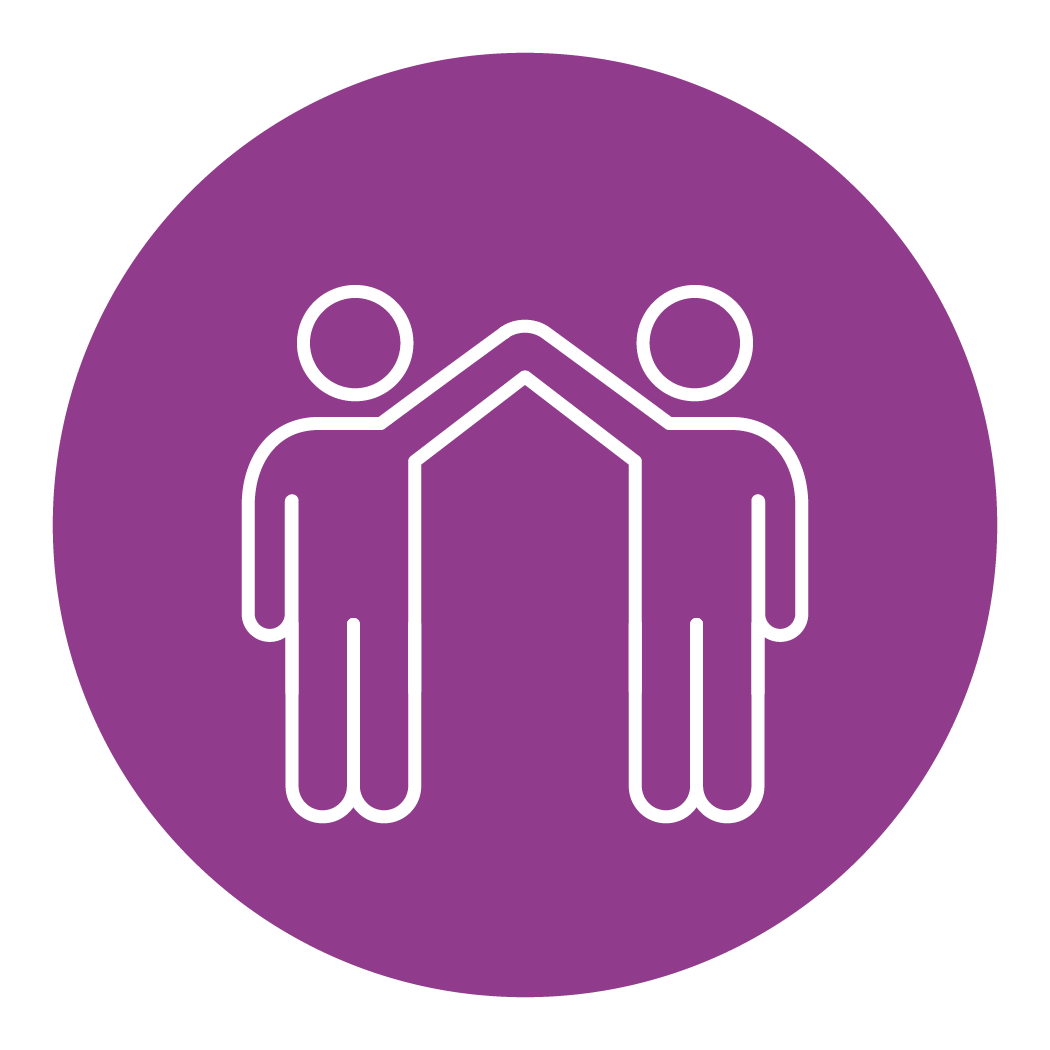 White line icon of two people joined at the arm inside a purple circle, symbolizing the partnership that makes Bullhorn the best staffing software.