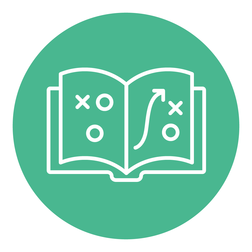 White line icon of an open playbook with strategy markings inside a green circle, highlighting the strategic advantage of why Bullhorn is the best staffing software.