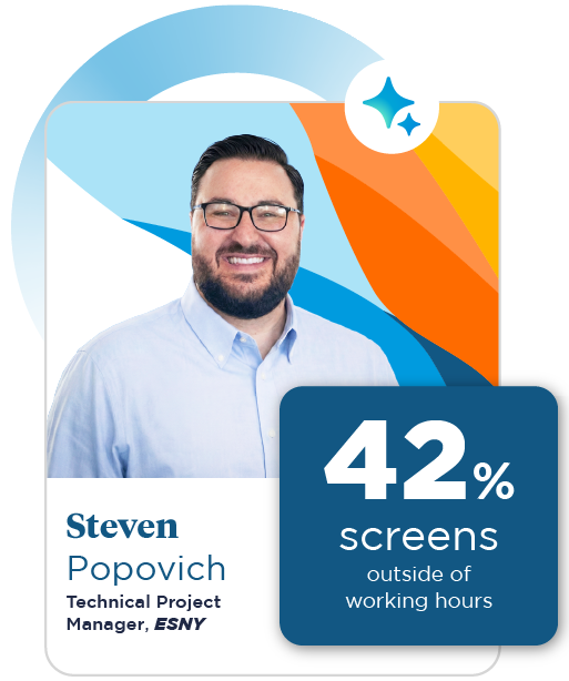 A smiling man with black hair is wearing a blue oxford shirt and glasses, set against a colorful background of blue, orange, and yellow.