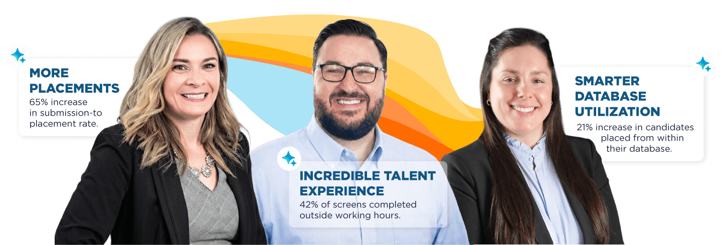 Three smiling individuals in business attire are featured, with text highlighting benefits: More Placements, Incredible Talent Experience, and Smarter database utilization. Background includes colorful abstract shapes, conveying a positive, professional tone. This visual represents Bullhorn's Rally Cry - Run with the Bold initiative for the staffing industry.