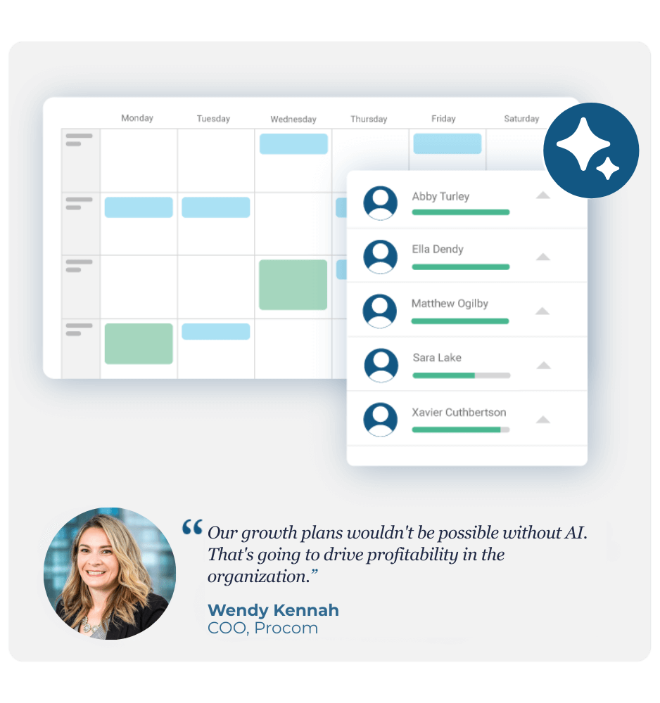 AI recruitment software dashboard showing a recruitment team's weekly schedule with candidate profiles and a testimonial from Wendy Kennah, COO of Procom.