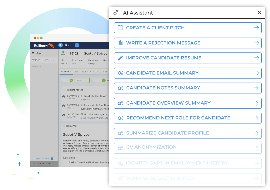 Screenshot of an AI Assistant interface overlaying a job recruitment platform. Options include pitching jobs, drafting messages, and summarizing profiles.