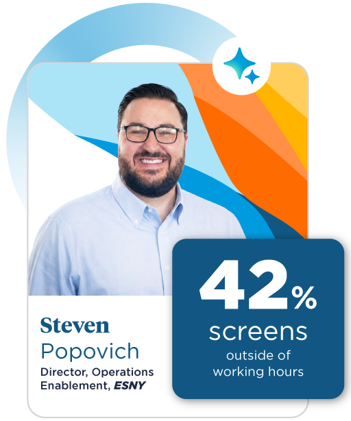 A smiling man with black hair is wearing a blue oxford shirt and glasses, set against a colorful background of blue, orange, and yellow.