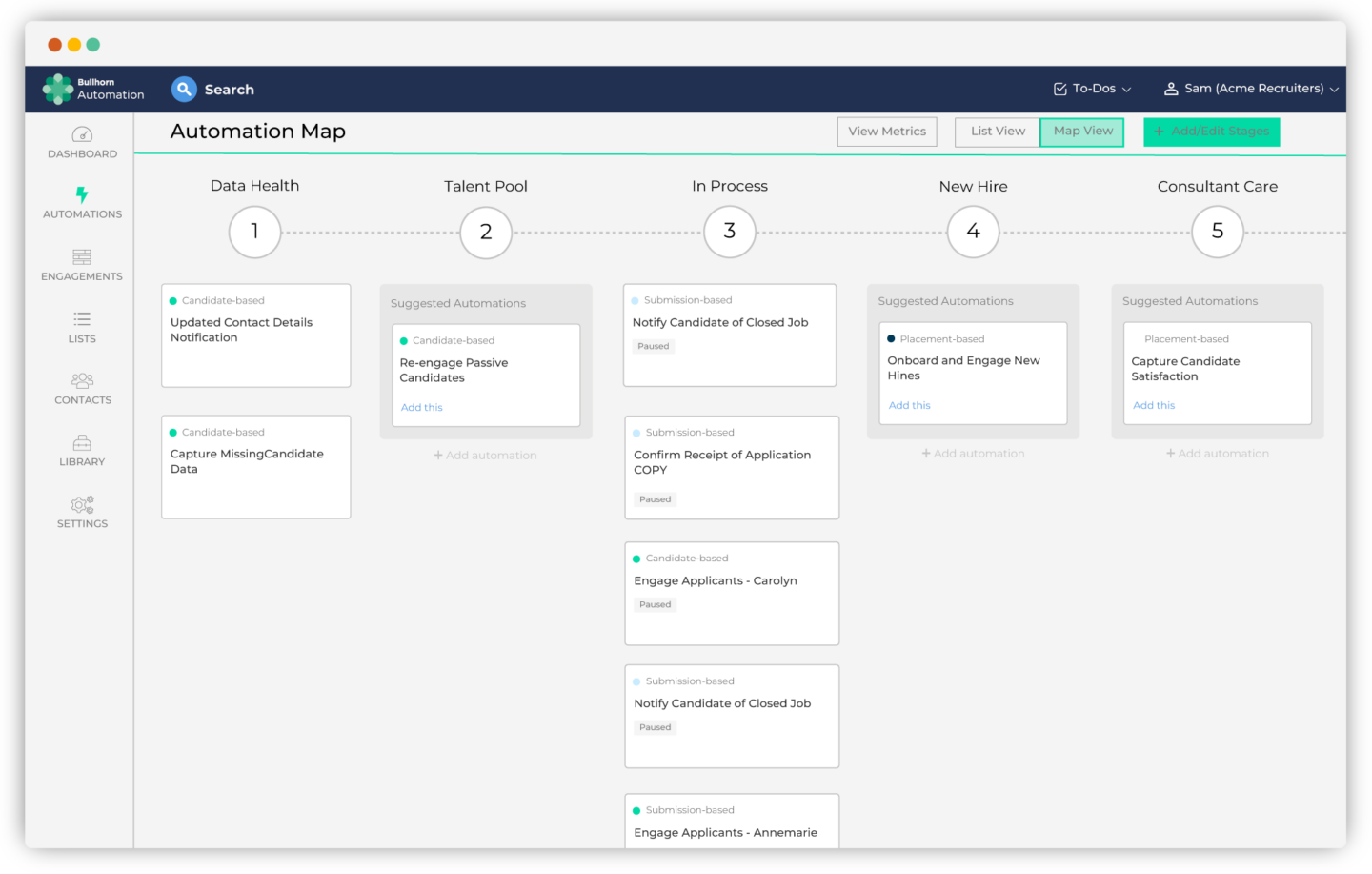 Automation Map interface with five stages: Data Health, Talent Pool, In Process, New Hire, Consultant Care. Each stage shows automation tasks with a clean, organized layout for managing recruitment processes.