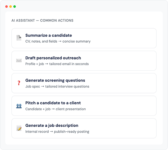 Bullhorn’s AI Assistant reads the CV, notes, and record fields, then creates a concise profile summary. No more reading through 10-page resumes before a call. Open the record, click summarize, and you’re ready.