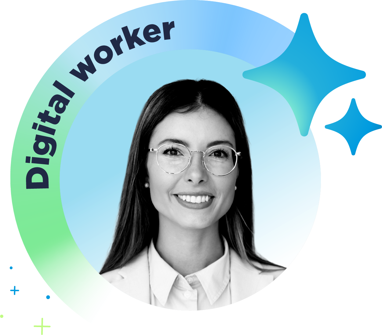 Black and white photo of a smiling person in glasses, framed by a green to blue gradient ring labeled "Digital worker," with blue star shapes.