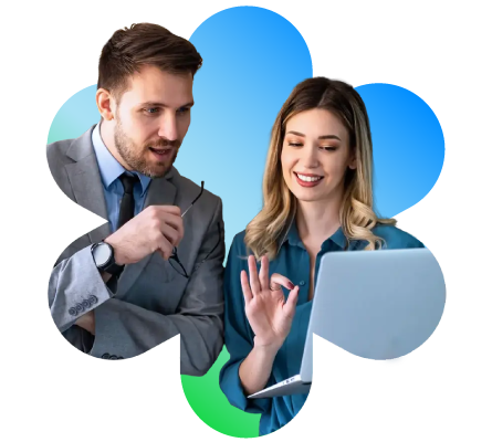 A man in a suit and a woman are collaborating, smiling at a laptop. The background is a clover-shaped gradient of blue and green, conveying teamwork.