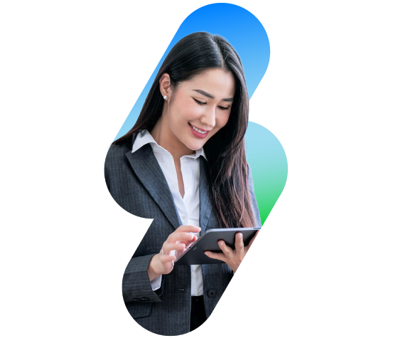 A woman smiling at a tablet device. The background is a lightning bold-shaped gradient of blue and green, conveying teamwork.
