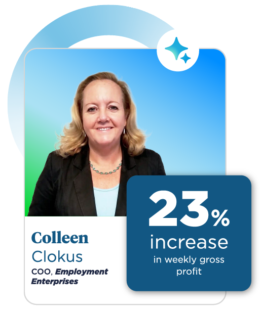 Portrait of a smiling woman with blonde hair in a business suit on a blue-green gradient background. Text highlights a 23% increase in weekly gross profit.