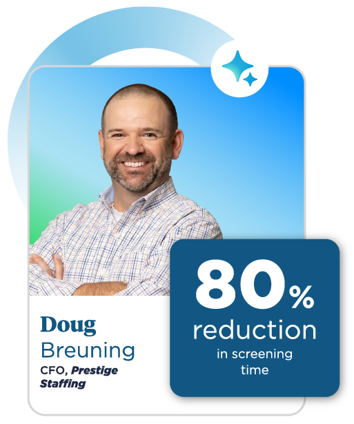 Portrait of a man in business attire against a blue gradient background. Text highlights a 21% increase in candidates placed, suggesting success.