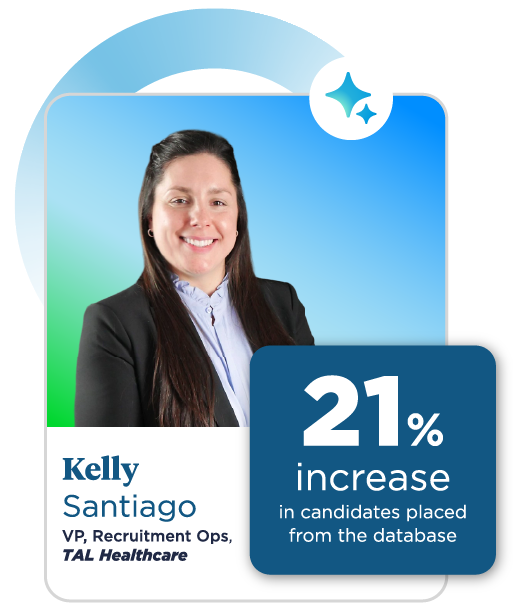 Portrait of a woman in business attire against a blue gradient background. Text highlights a 21% increase in candidates placed, suggesting success.
