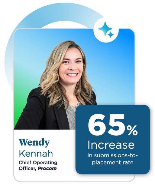 Portrait of a smiling woman against a blue gradient background. Text reads "Wendy Kennah, COO, Procom" and highlights a "65% increase in submissions-to-placement rate.