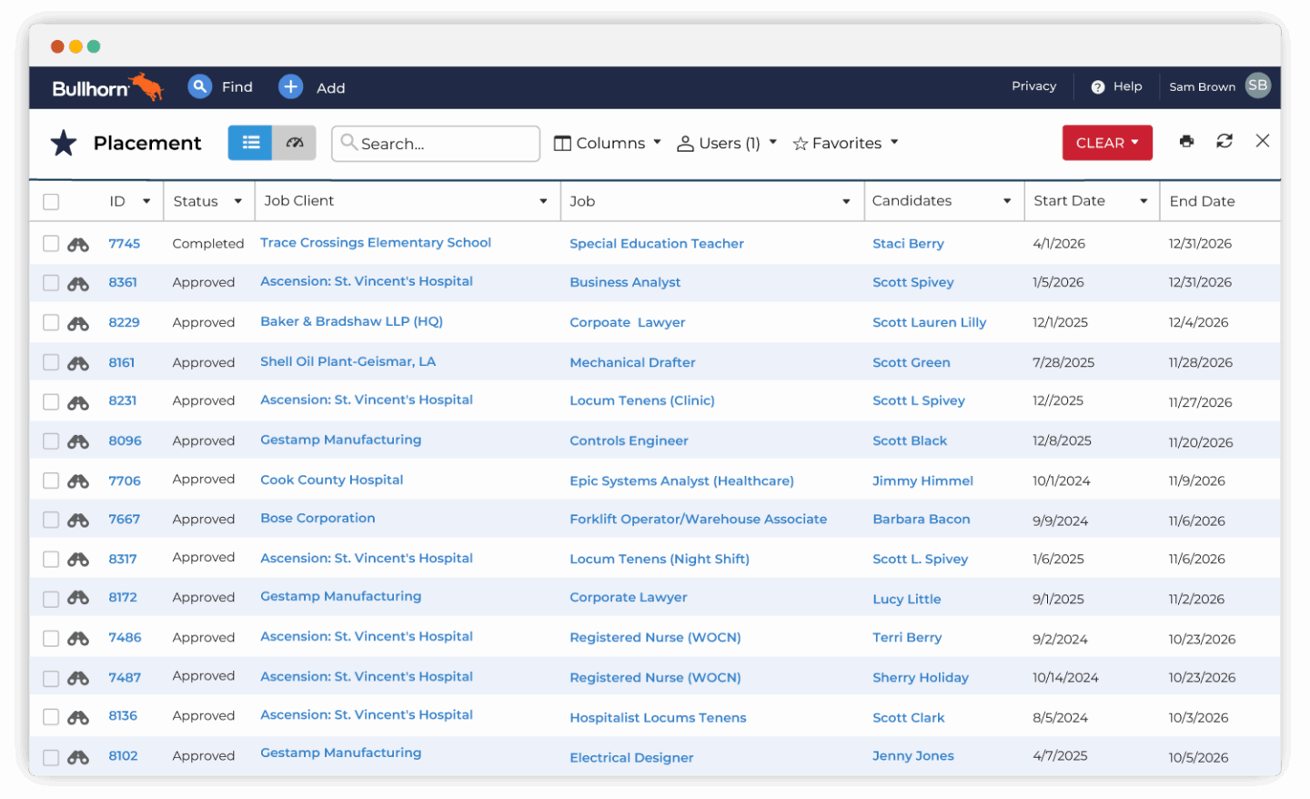 Bullhorn ATS and CRM for small agencies showing an add record menu with options for company, contact, leads, candidates, opportunity, job, placement, note, task, and distribution list alongside a job list with openings and matches
