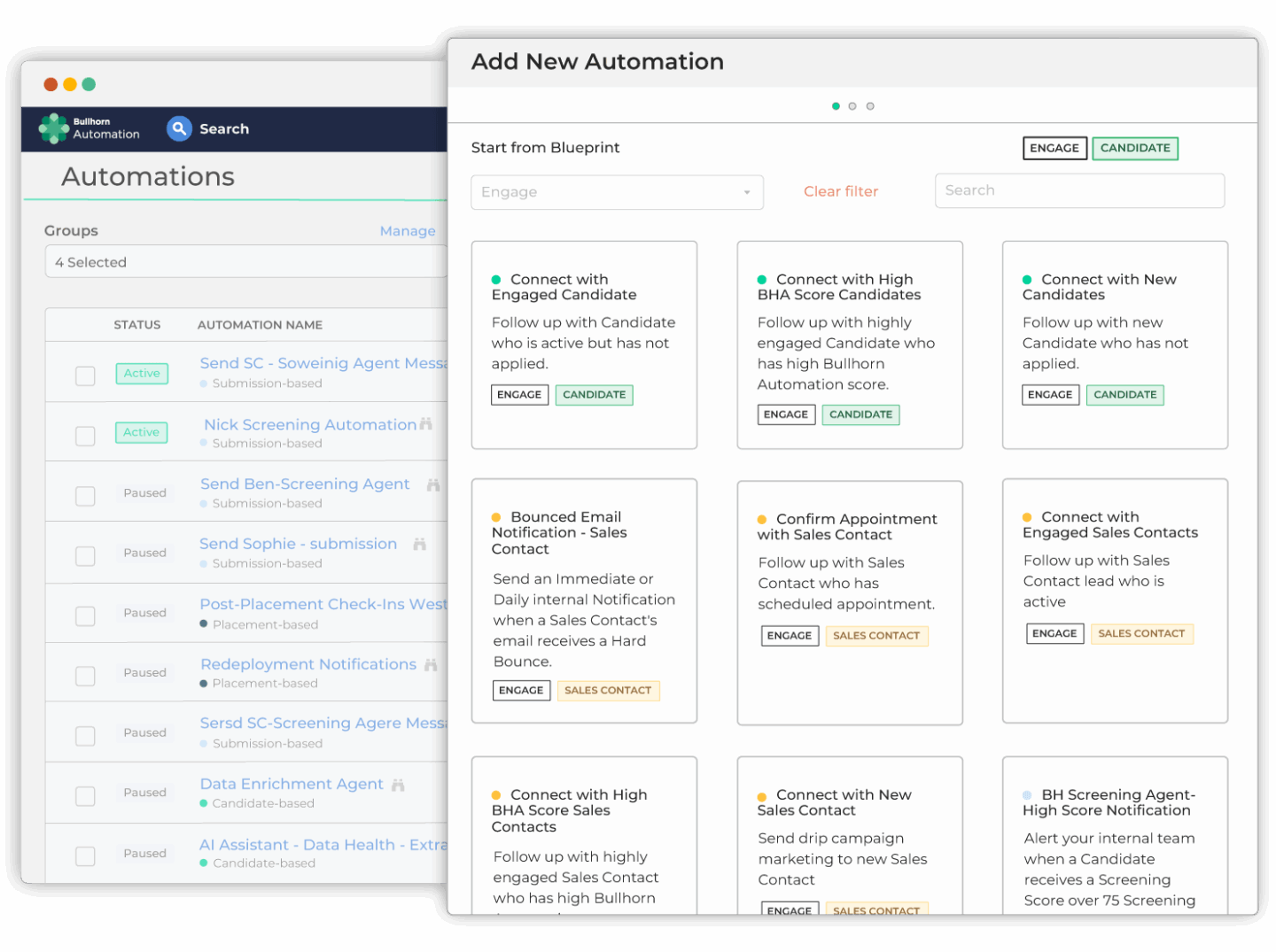 Bullhorn recruitment automation software for small staffing agencies showing an automations list alongside a new automation builder with a multi-step sequence including send email, wait, send engagement, update candidate, and end automation steps