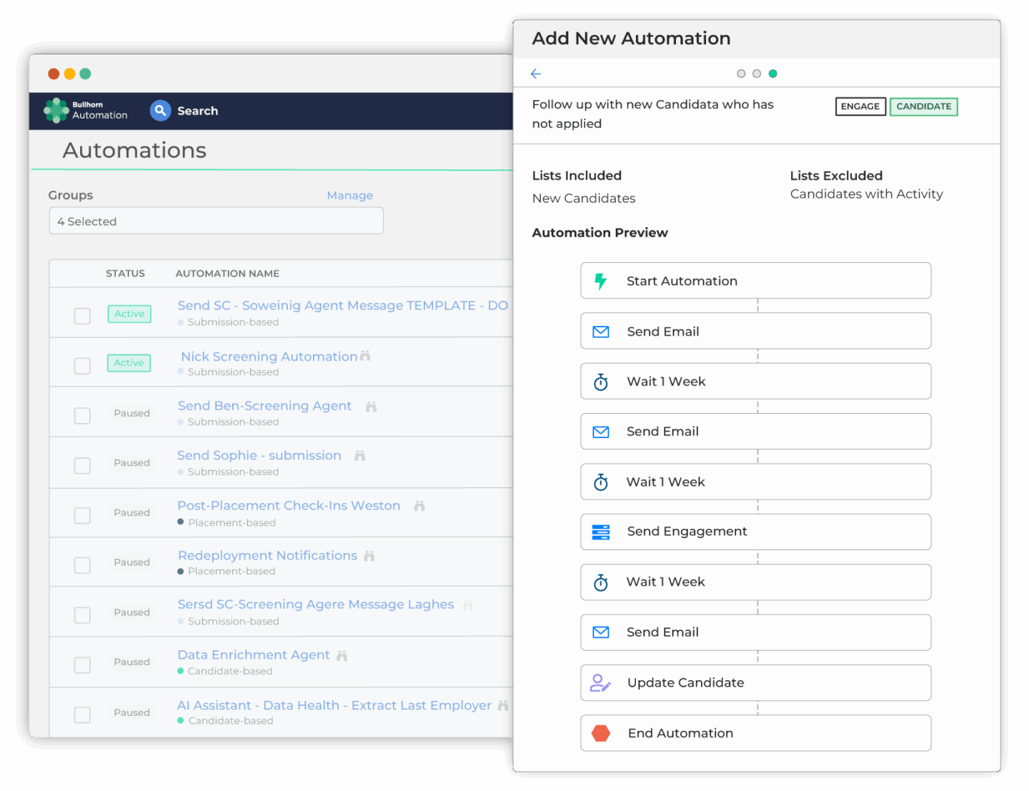 ullhorn recruitment automation software for small staffing agencies showing an automations list alongside a blueprint library with pre-built templates for candidate engagement, sales contact follow-up, appointment confirmation, and screening notifications
