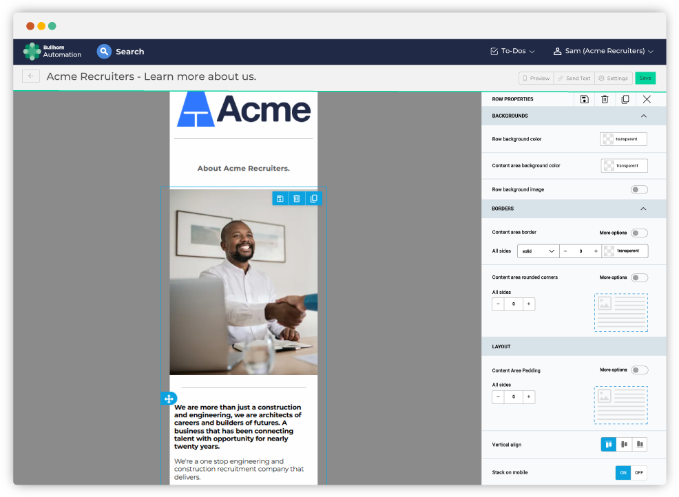 An email editor interface displaying a draft for Acme Recruiters. A smiling person in a white shirt is depicted in an image, symbolizing professional engagement.