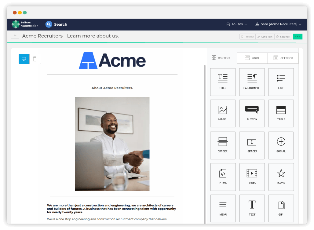 Bullhorn recruitment automation software for small agencies showing an email builder with a drag-and-drop content panel and a branded agency email preview