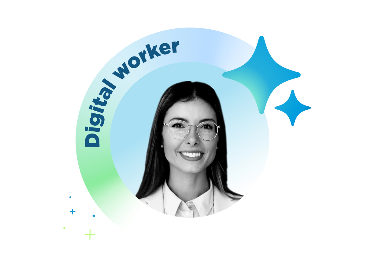 Black and white photo of a smiling person in glasses, framed by a green to blue gradient ring labeled "Digital worker," with blue star shapes.