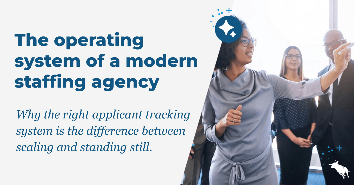 Two recruiters at computers under the headline asking what is the best online applicant tracking system for a modern staffing agency.