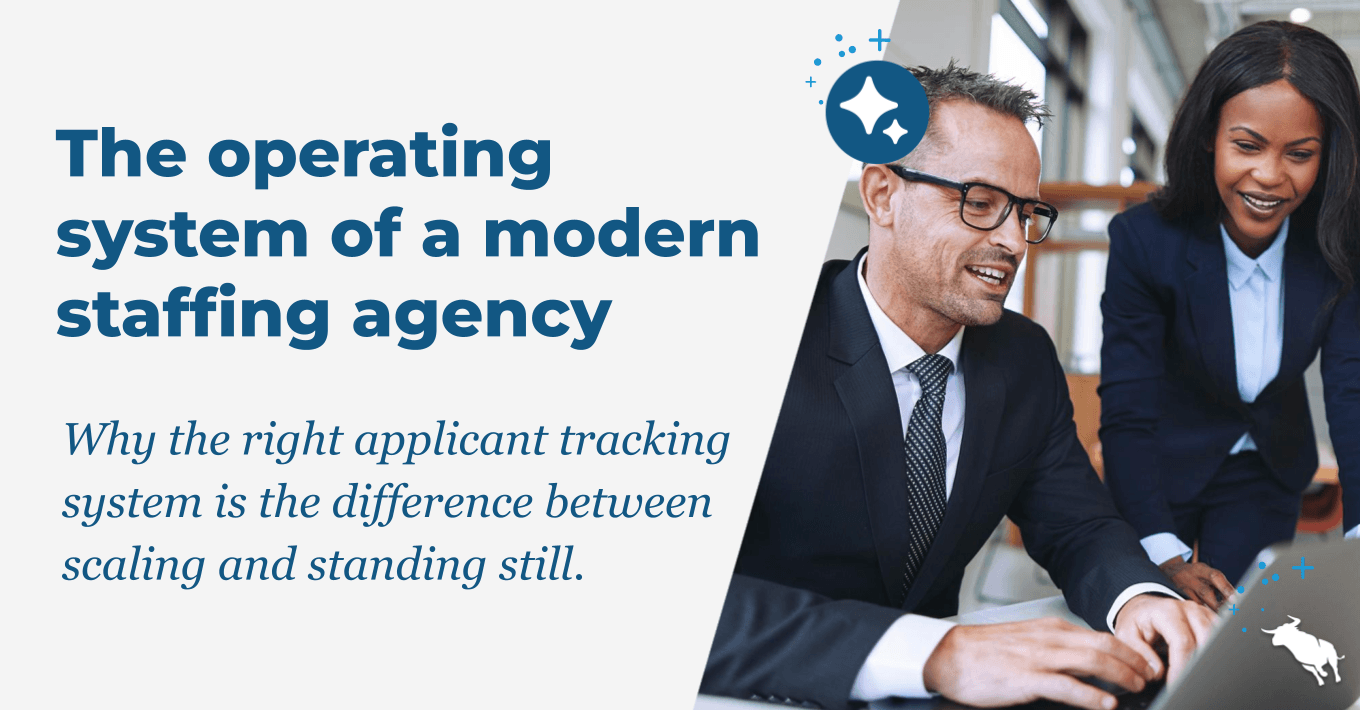 Two recruiters at computers under the headline asking what is the best online applicant tracking system for a modern staffing agency.